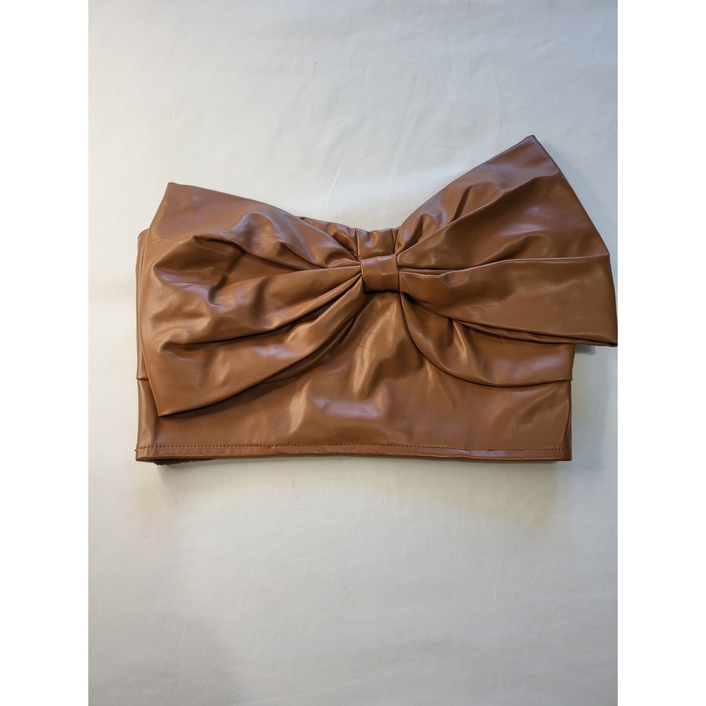 Day + Moon Cognac Faux Leather Bow Tube Top Smocked Back Brown Small A1397